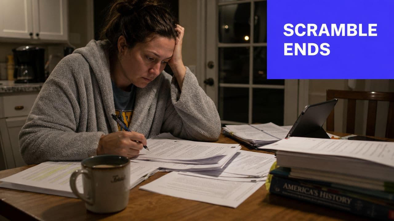 A woman studying late at night at home with papers, a laptop, and a history textbook.
