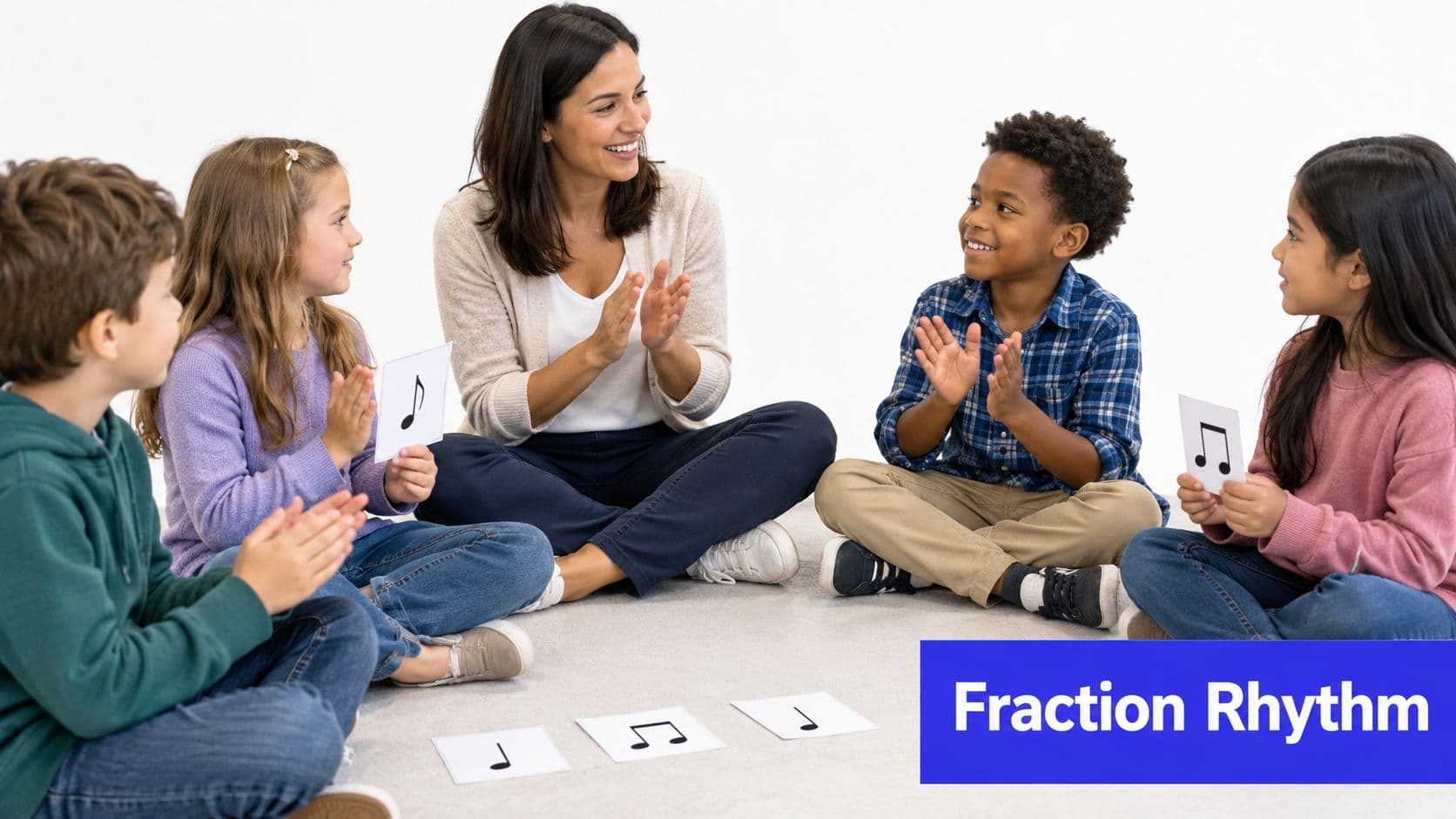 A teacher teaching a group of children about music rhythms using flashcards in a classroom.
