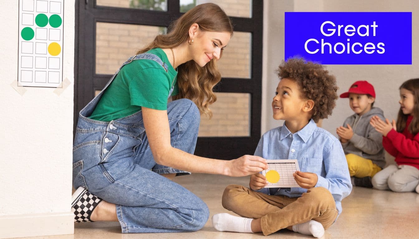 A teacher encouraging a young student by placing a yellow sticker on a classroom behavior chart.