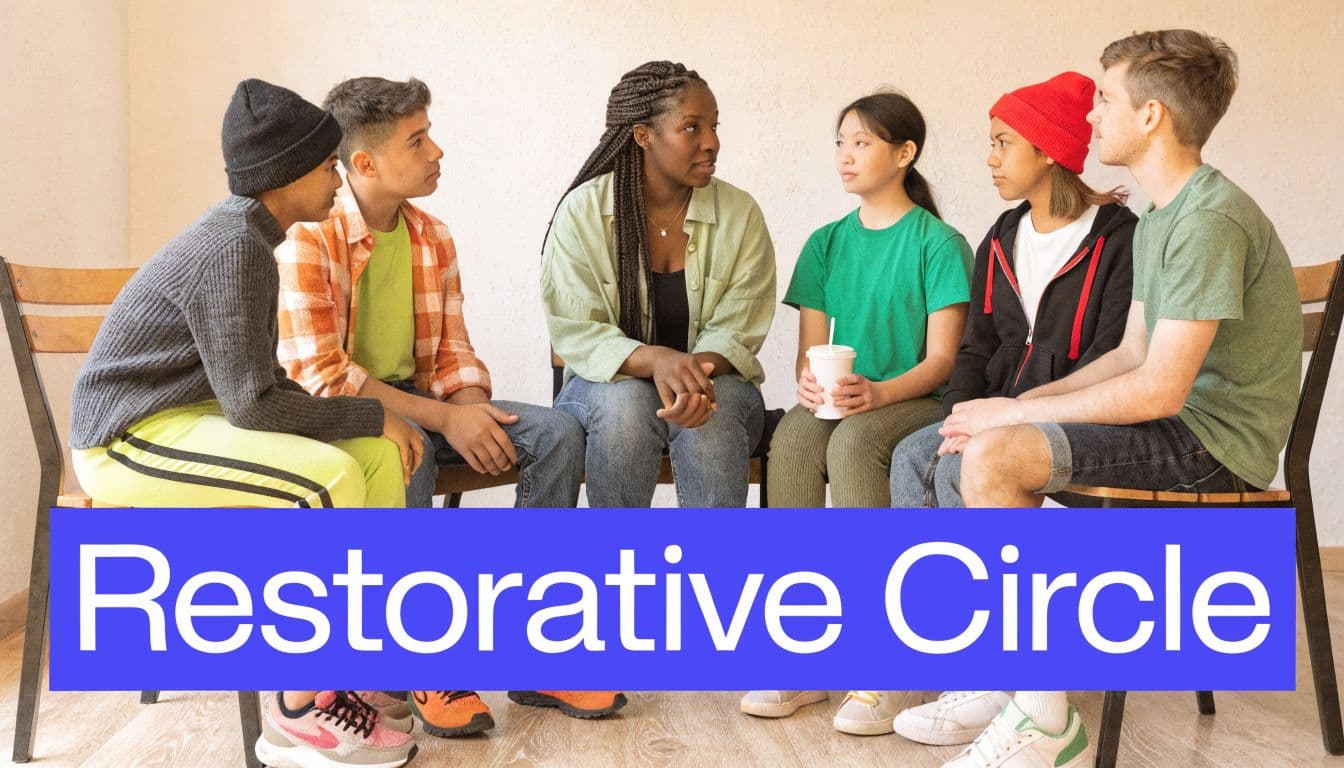 A diverse group of middle school students and an adult leader sitting in a restorative circle discussion.