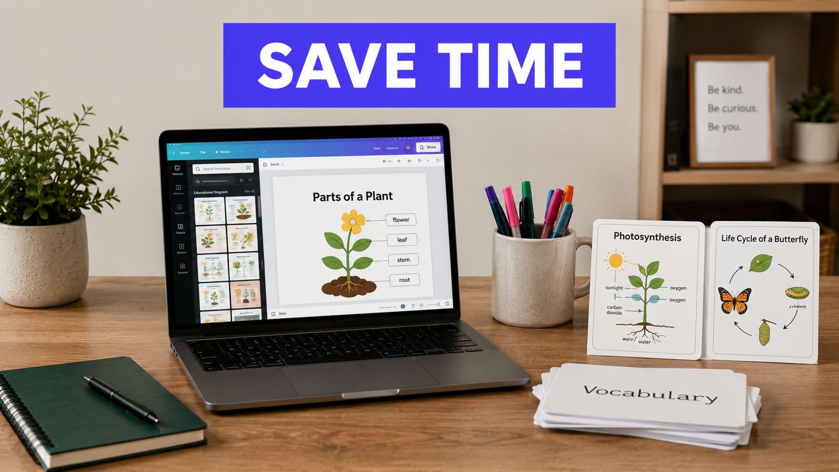 A modern workspace featuring a laptop displaying a plant parts diagram alongside educational flashcards on a wooden desk.
