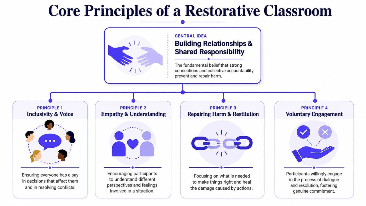 A diagram illustrating the four core principles of a restorative classroom, highlighting building relationships and shared responsibility.