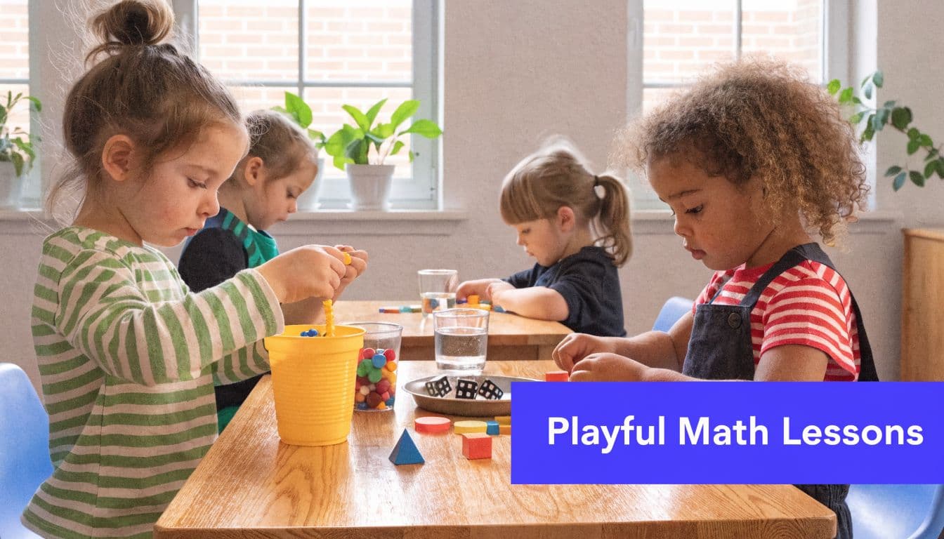 A group of young children playing with colorful blocks and counting manipulatives in a bright classroom setting.