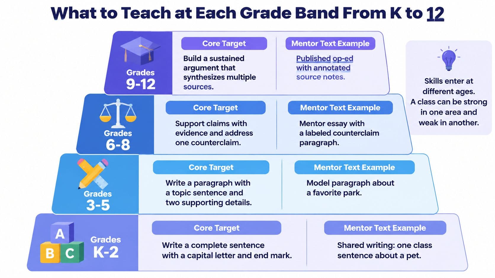 A hierarchy chart showing writing instructional goals and mentor text examples for grade levels from K through 12.