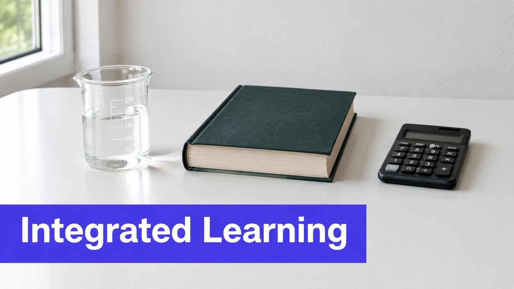 A beaker of water, a textbook, and a calculator on a white desk representing integrated learning concepts.