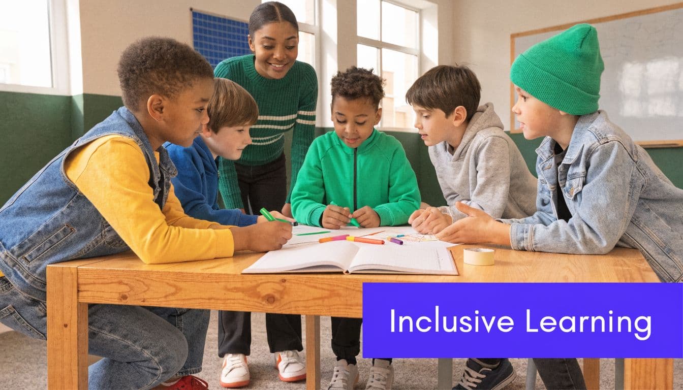 A diverse group of students and a teacher working together on an activity around a classroom table.