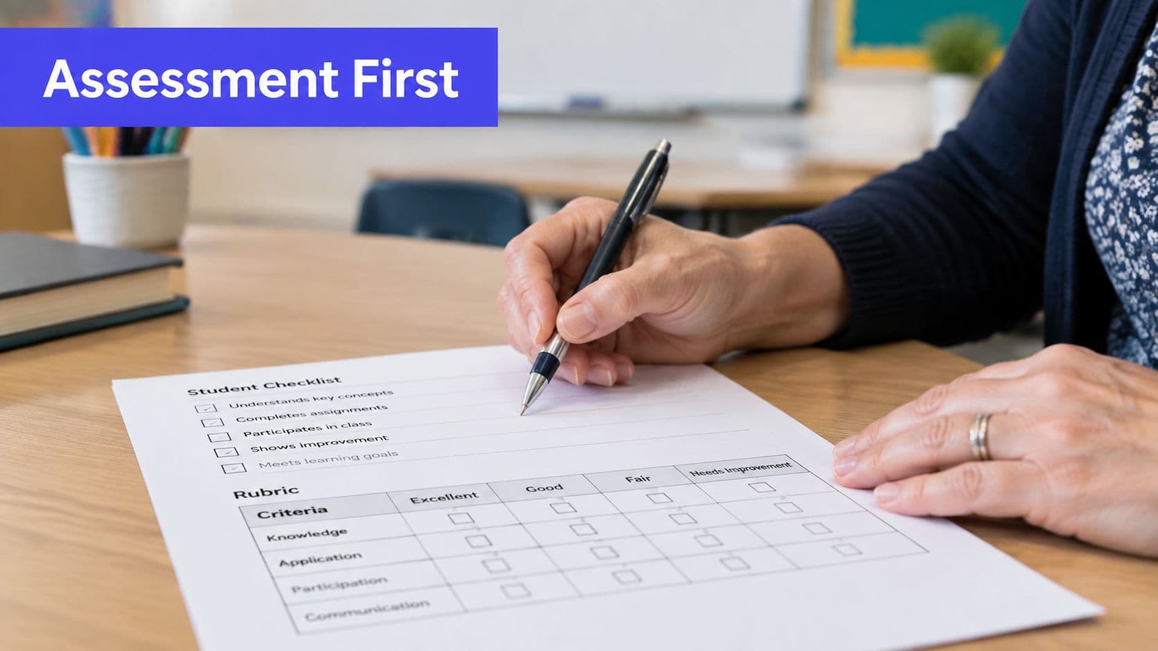 A teacher filling out a student assessment checklist and rubric on a wooden desk in a classroom.