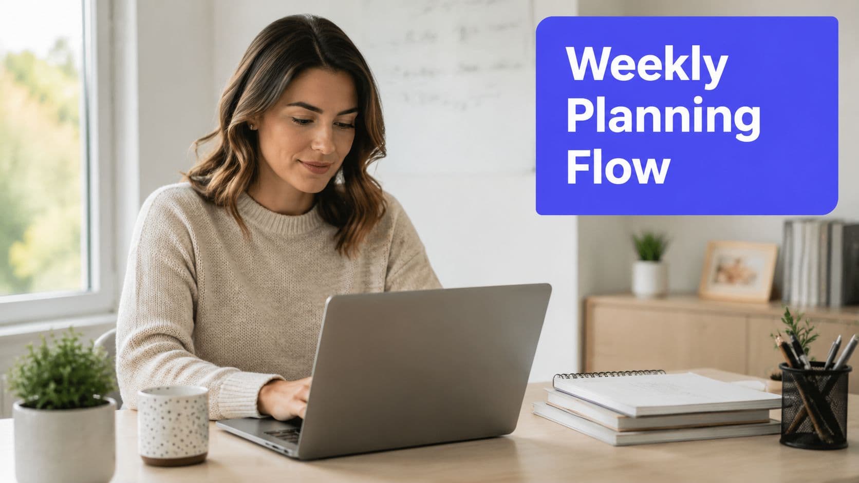 A young woman working on her laptop at a desk, with text overlaid that reads Weekly Planning Flow.