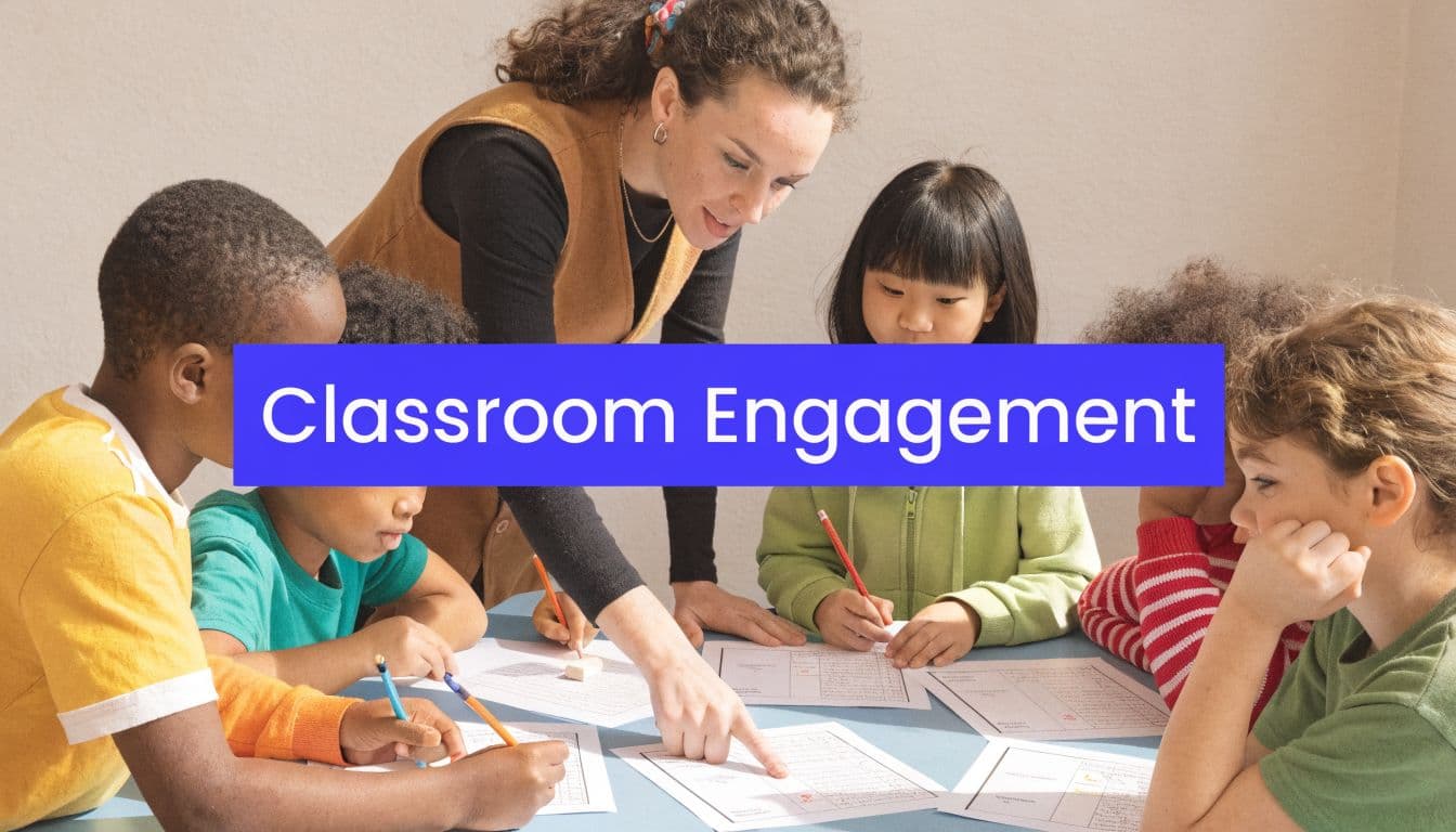 A teacher helps a diverse group of elementary students working together on classroom worksheets at a table.