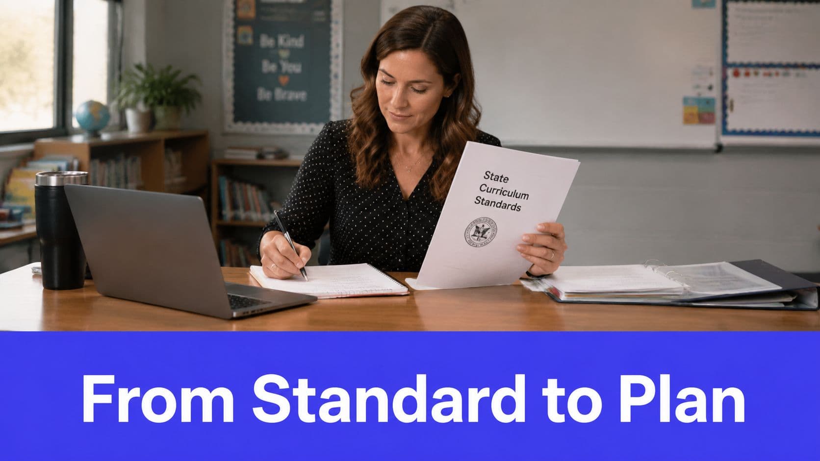 A female teacher sitting at her desk, reviewing state curriculum standards while taking notes for lesson planning.