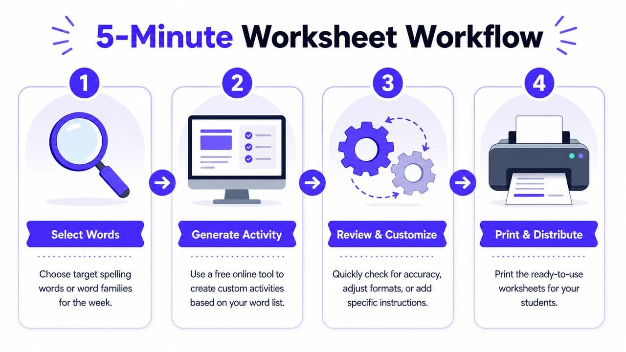 A four-step infographic illustrating a quick workflow for creating educational spelling worksheets for students.