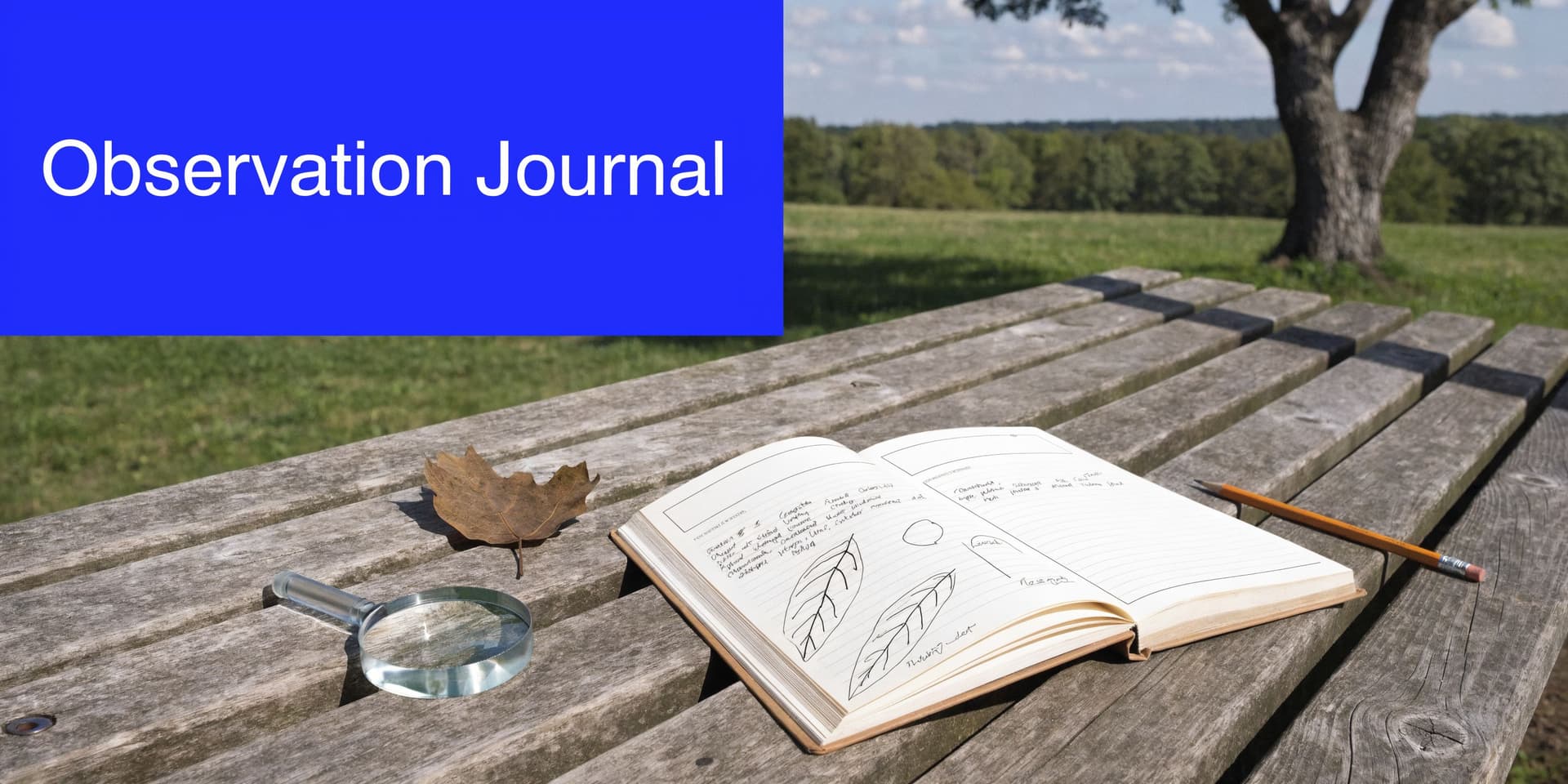 An open notebook with leaf drawings, a magnifying glass, and a pencil on a wooden picnic table.