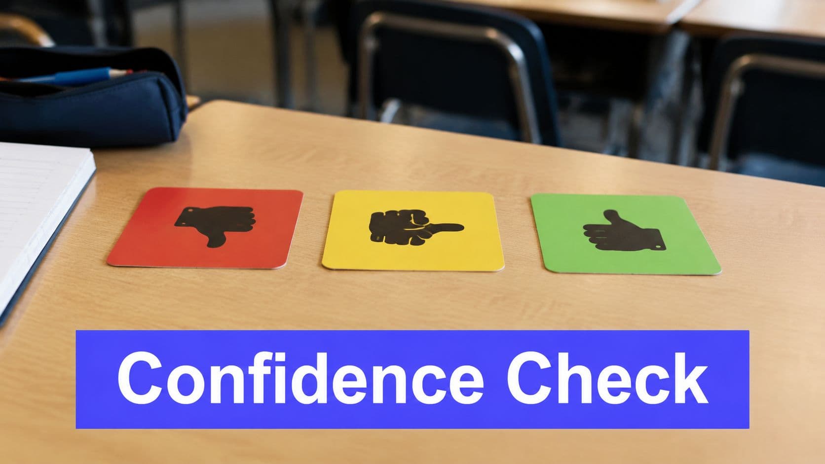 Three colored coasters featuring thumb icons on a desk representing a classroom confidence check activity.