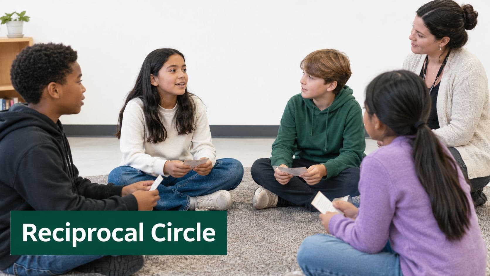 A teacher leads a small group of students sitting in a circle for a reciprocal reading activity.