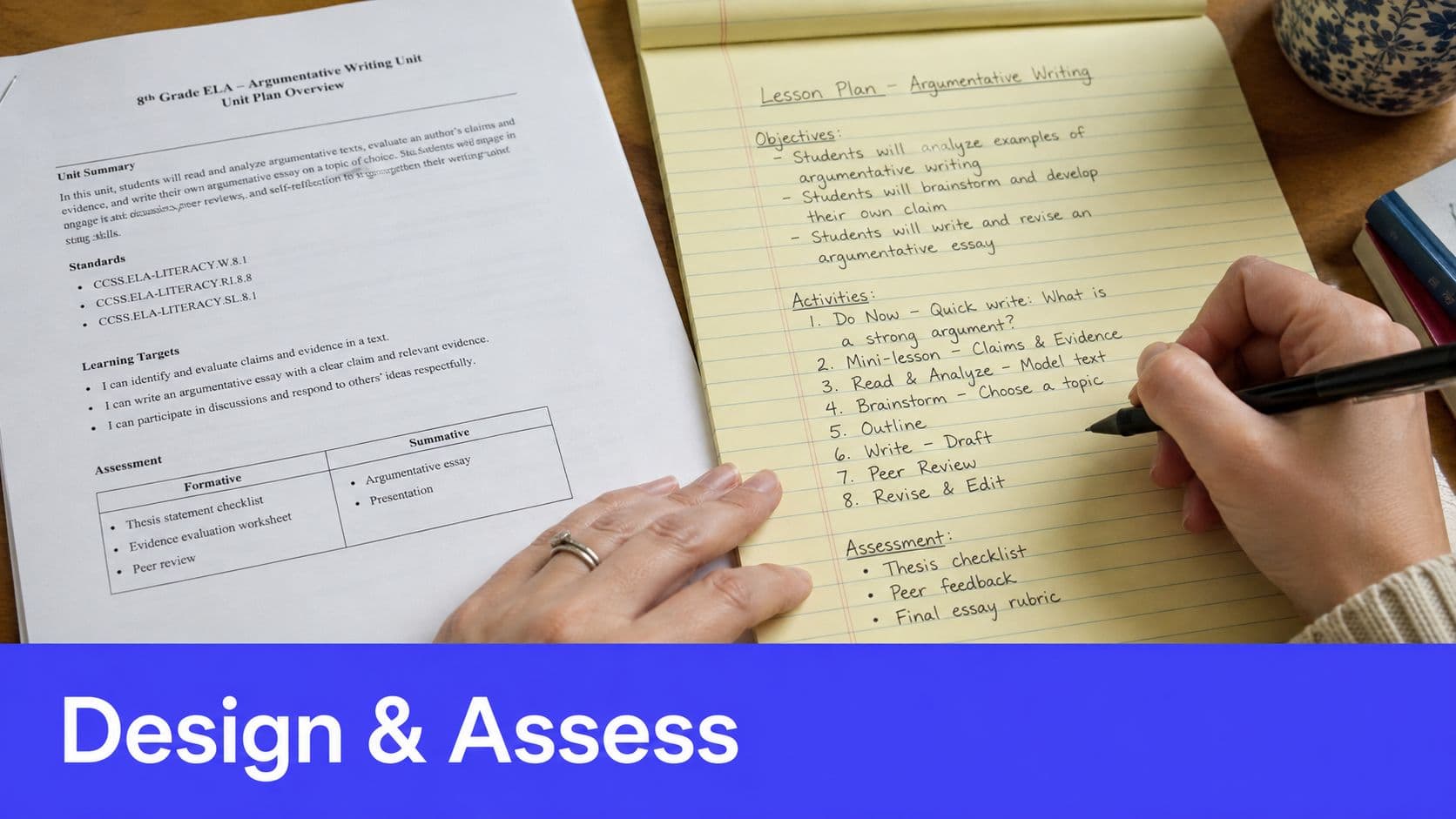A person writing an argumentative writing lesson plan with educational objectives and activities on a yellow notepad.