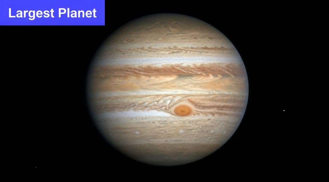 A detailed photograph of Jupiter, the largest planet in our solar system, featuring its iconic Great Red Spot.