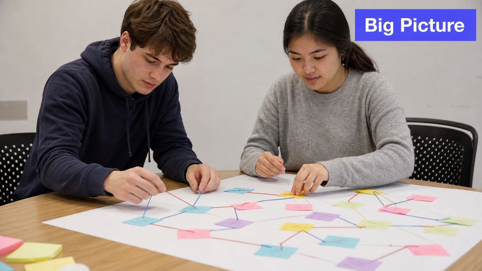 Two students sitting at a desk collaborating on a project by connecting colorful sticky notes on paper.