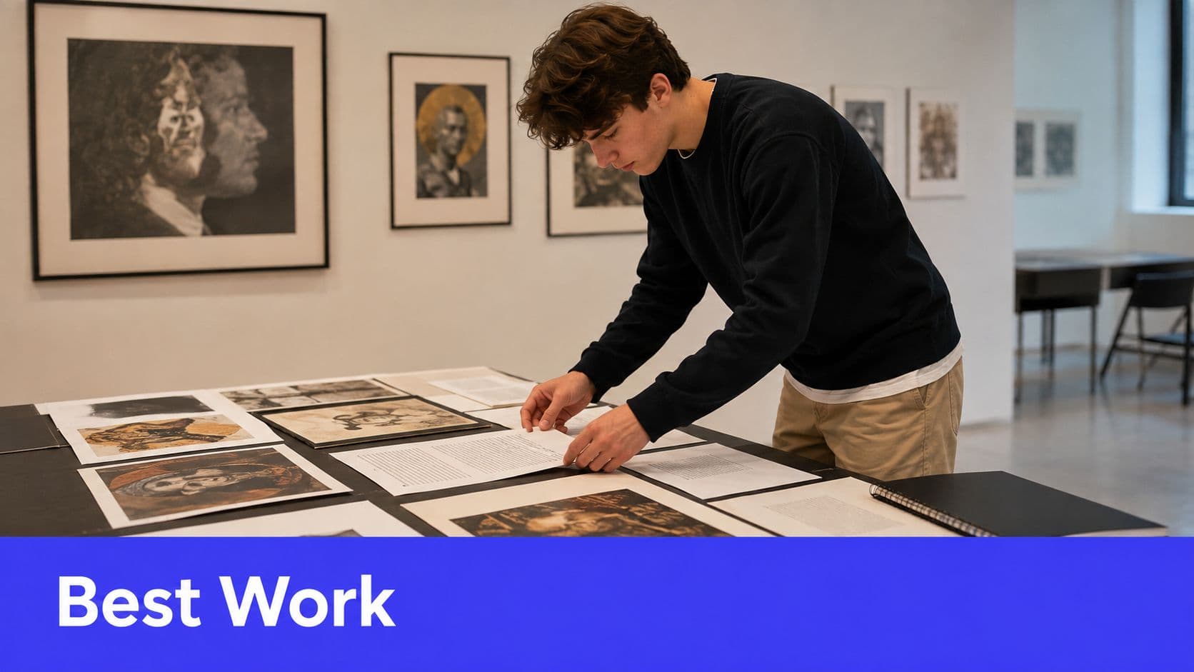 A young man carefully examines documents and art prints laid out on a table in an art gallery.