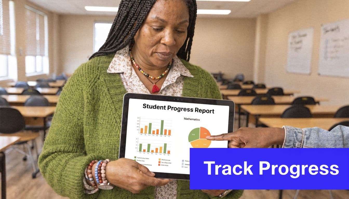 A teacher holds a tablet showing student progress data reports in a classroom setting with desks