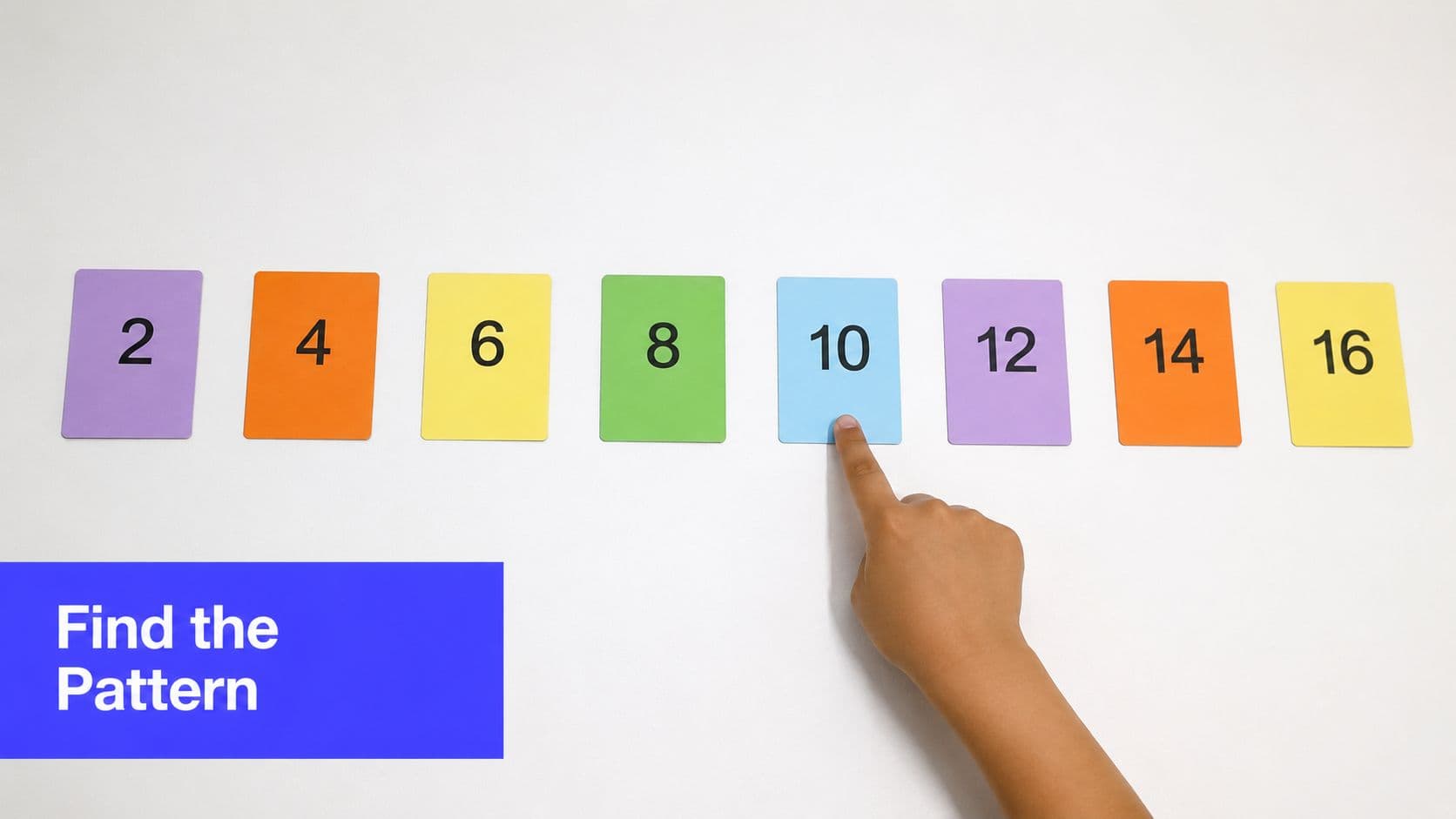 A child's hand pointing at the number ten card in a sequence of ascending even numbers.
