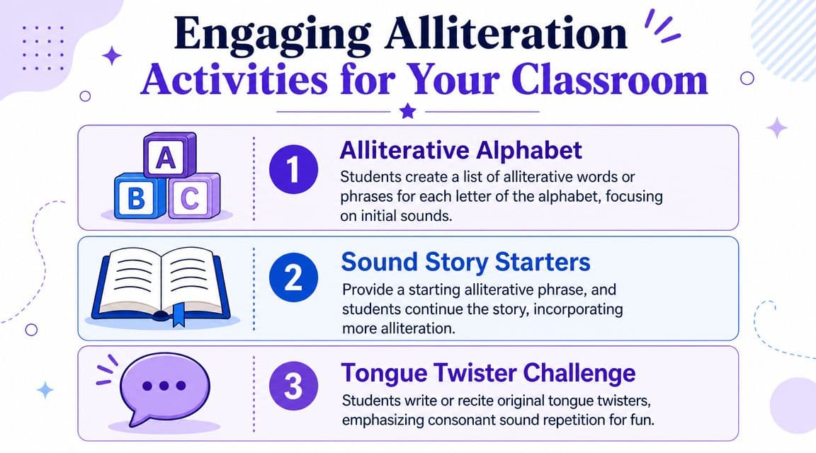 An educational infographic showing three creative classroom activities for teaching alliteration to students.