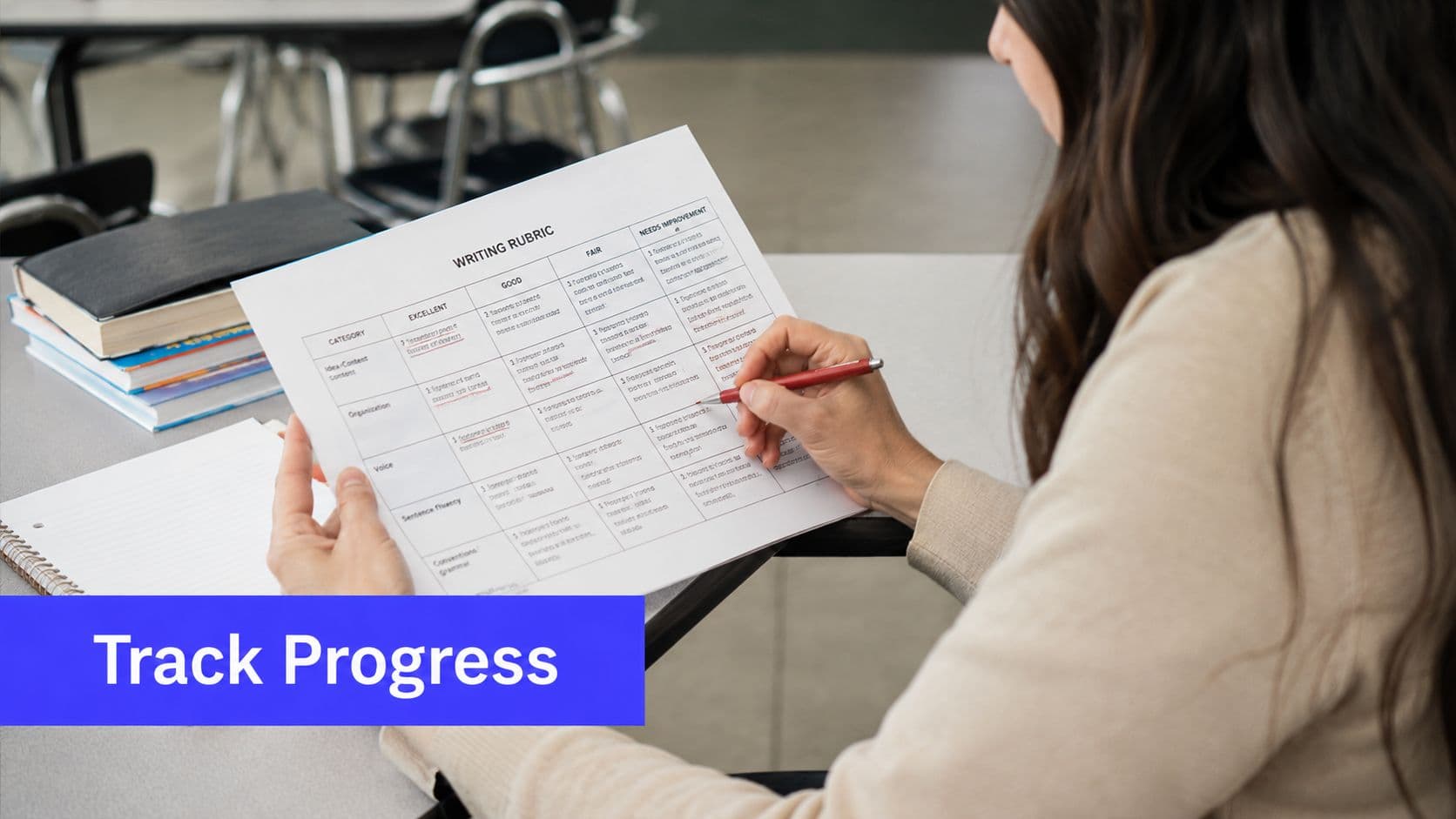 A teacher carefully reviewing and marking a writing rubric evaluation form for a student's academic progress.