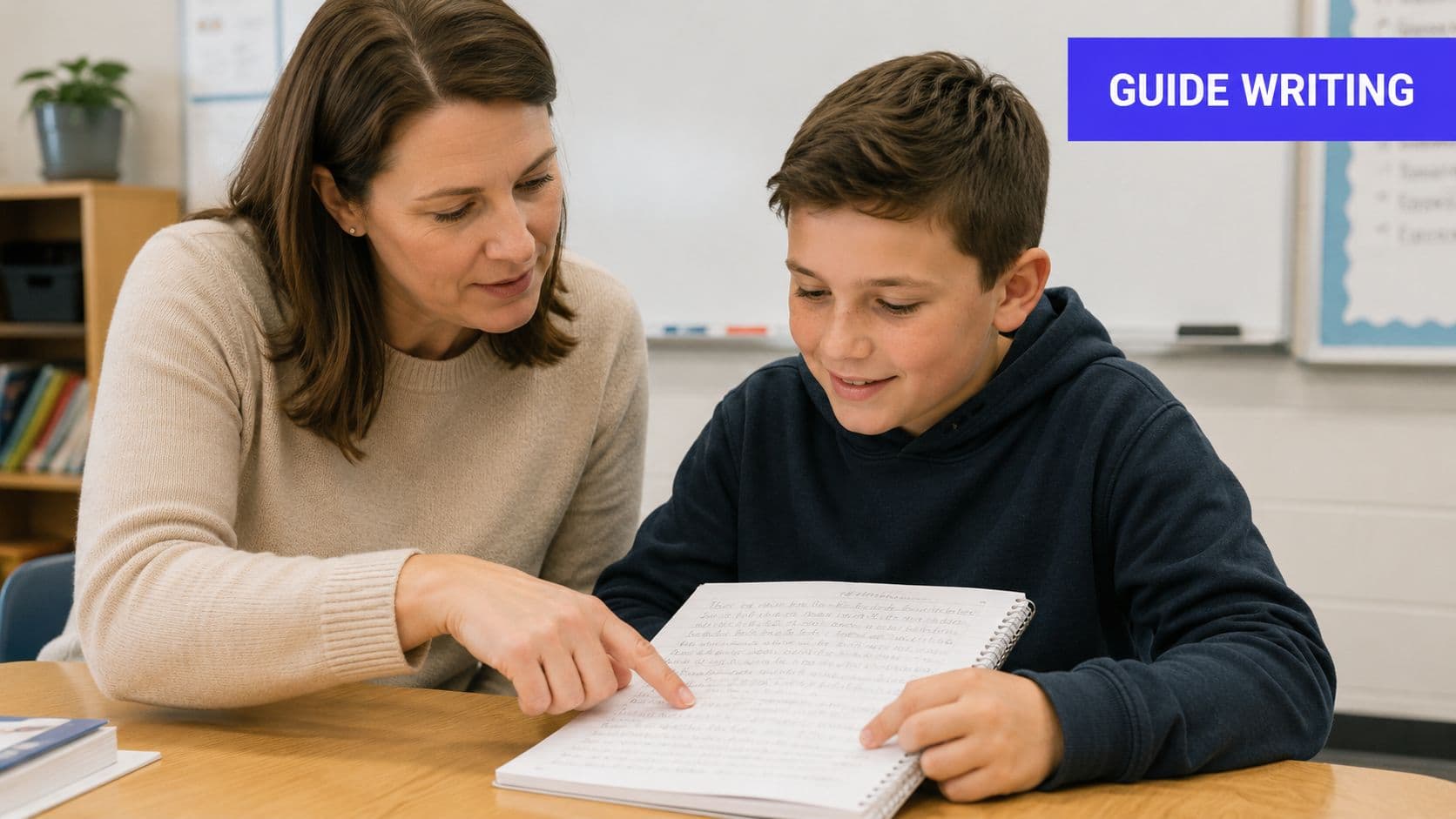 A teacher pointing at a student's handwritten notebook while helping him with his writing assignment in class.