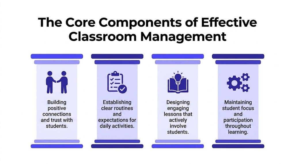 A graphic infographic displaying four core pillars of effective classroom management for educators.