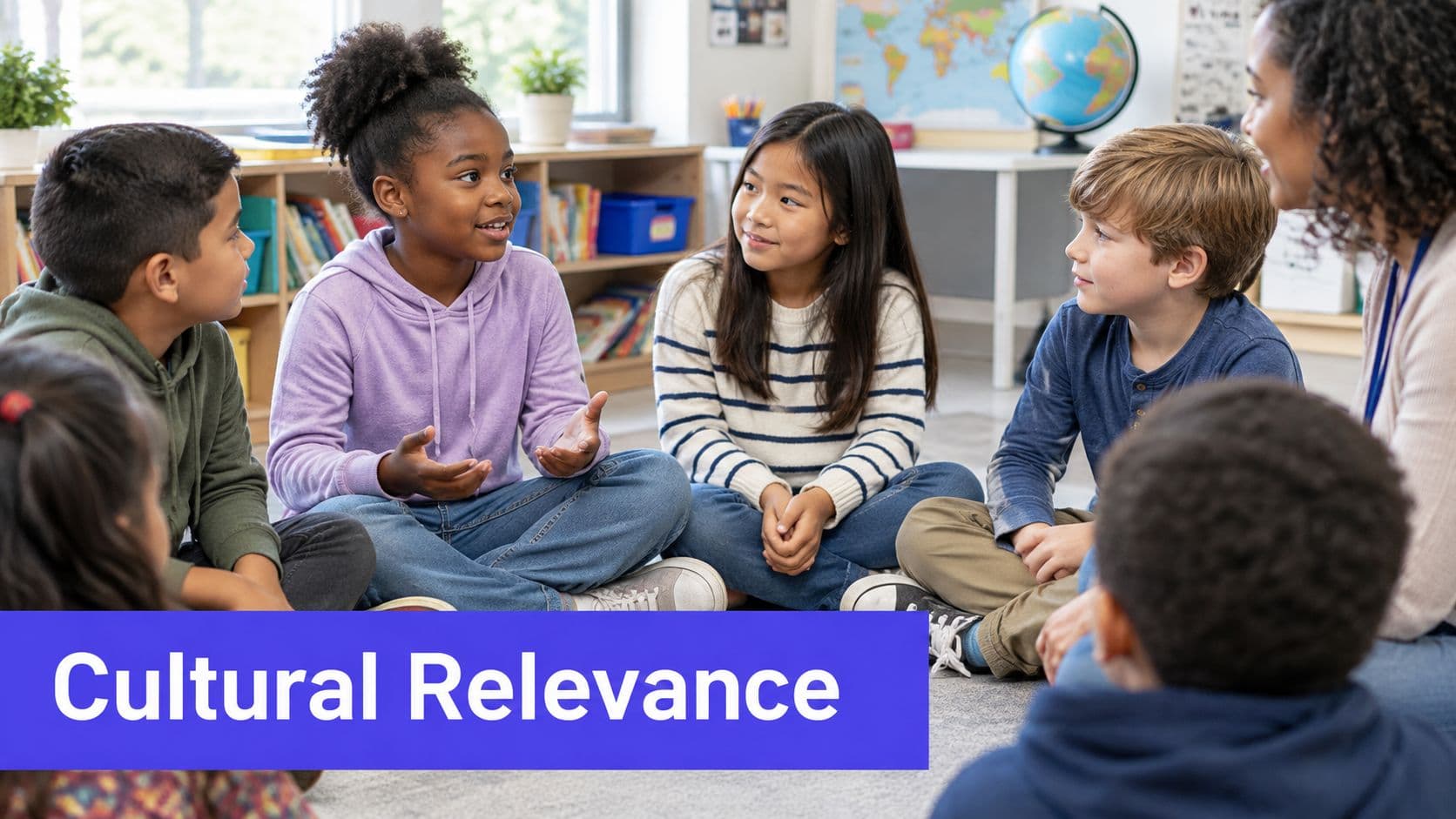 A diverse group of elementary students sitting in a circle on the floor with their teacher.