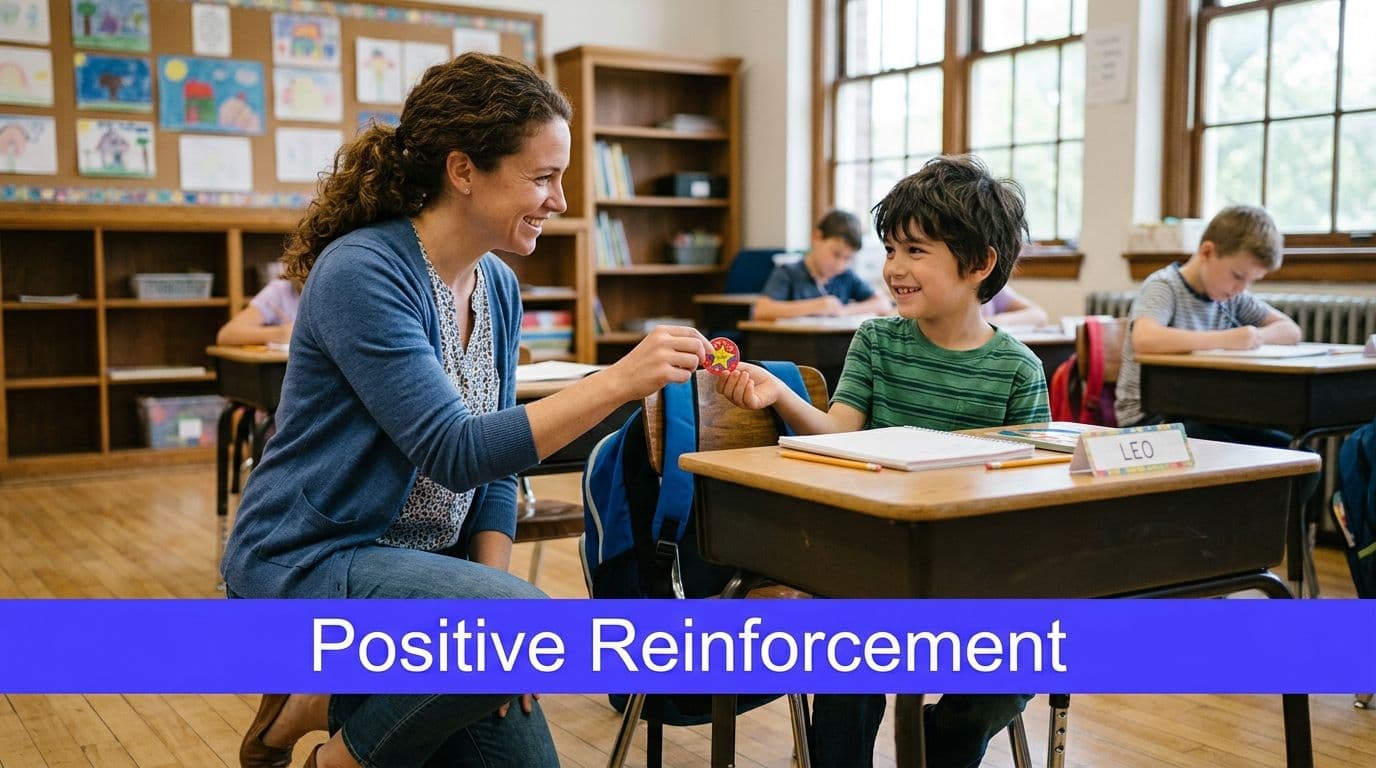 A kind teacher gives a reward sticker to a happy student in a bright elementary classroom.