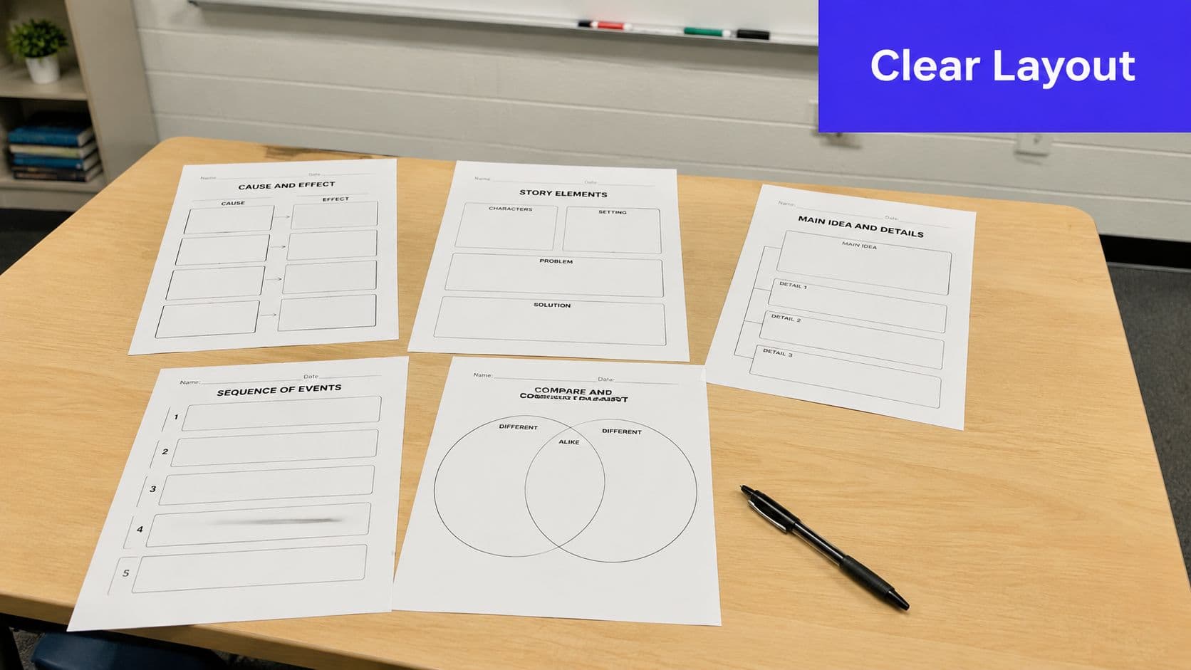 A table with five educational worksheets for elementary students focusing on reading comprehension and graphic organizers.