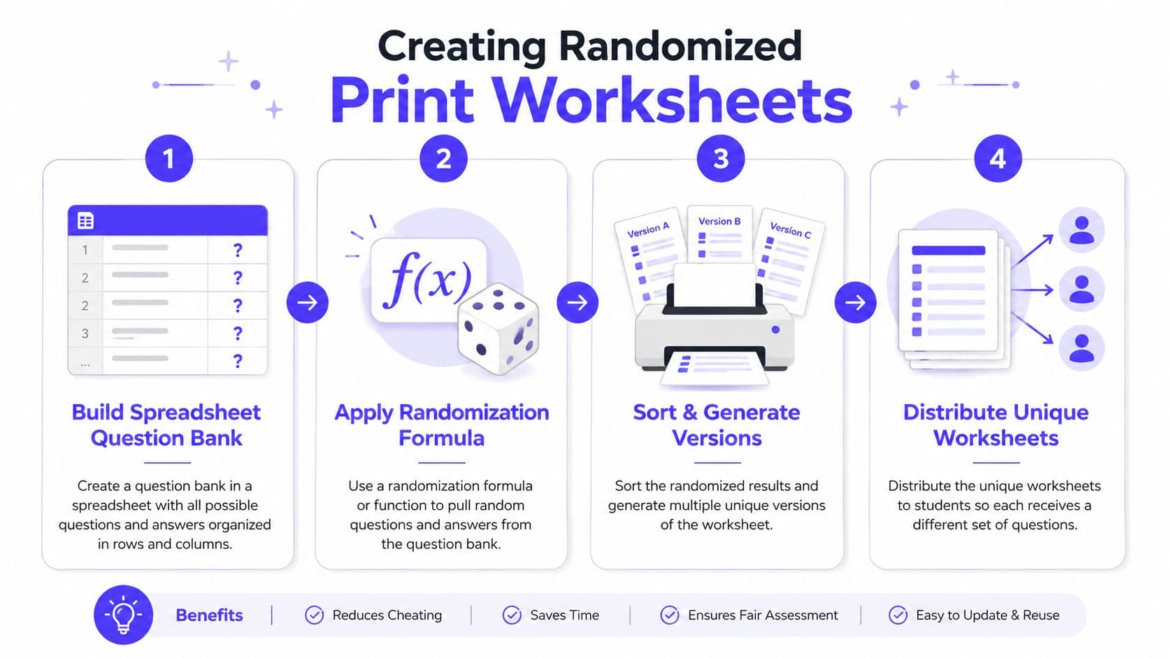 A four-step infographic illustrating the process of creating randomized print worksheets for students using spreadsheet question banks.