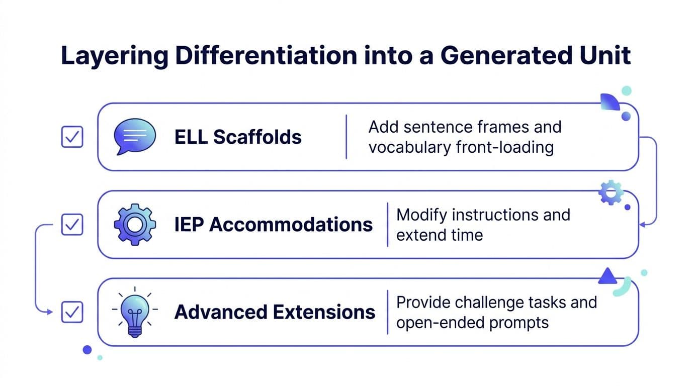 A diagram illustrating layering differentiation in a generated unit with ELL scaffolds, IEP accommodations, and advanced extensions.