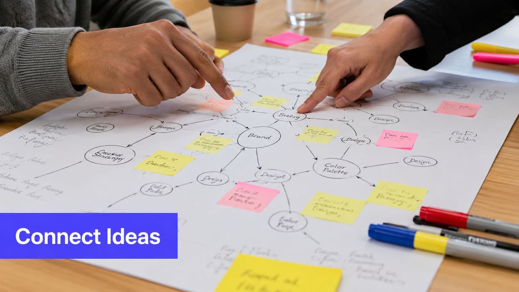 Two people collaborating and pointing at a mind map on a table during a brainstorming session.