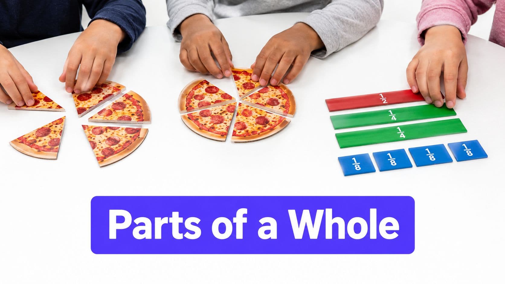 Children's hands arranging pizza slices and fractional bars on a table to learn parts of a whole.