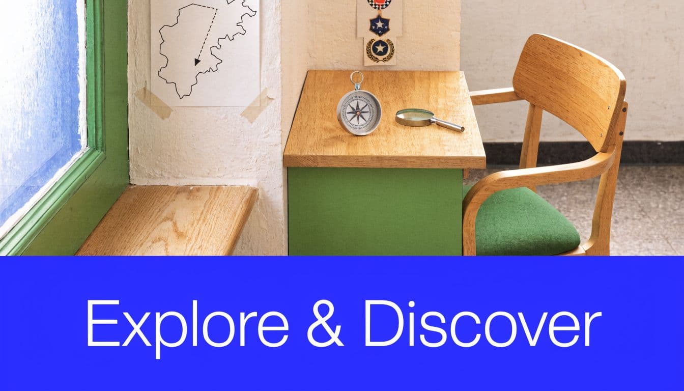 A wooden school desk with a compass and magnifying glass beside a window with a map.