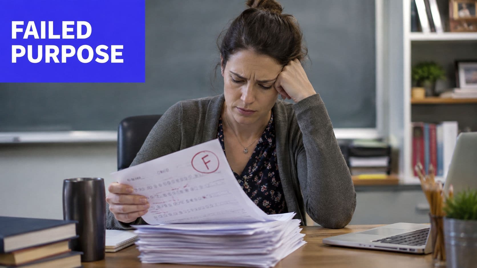 A frustrated teacher sits at her desk, looking down at a graded test with a failing grade.