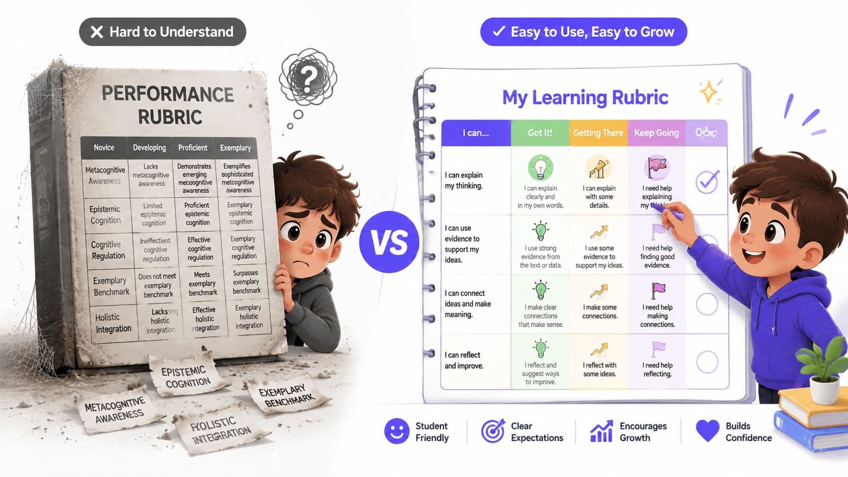 A comparison between a complex academic performance rubric and a simple, student-friendly learning rubric.