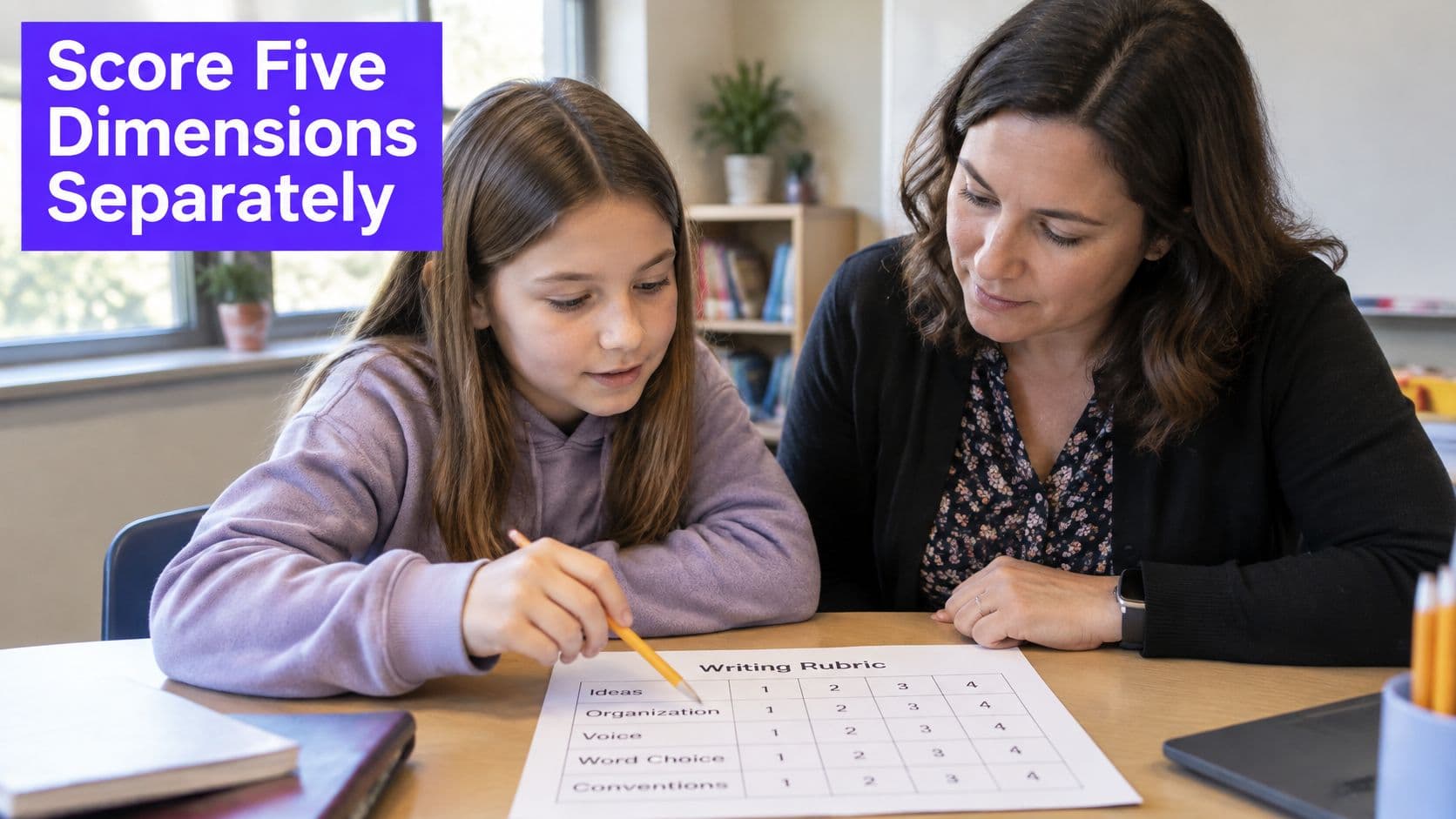 A teacher assisting a young student with a writing rubric in a bright classroom setting.