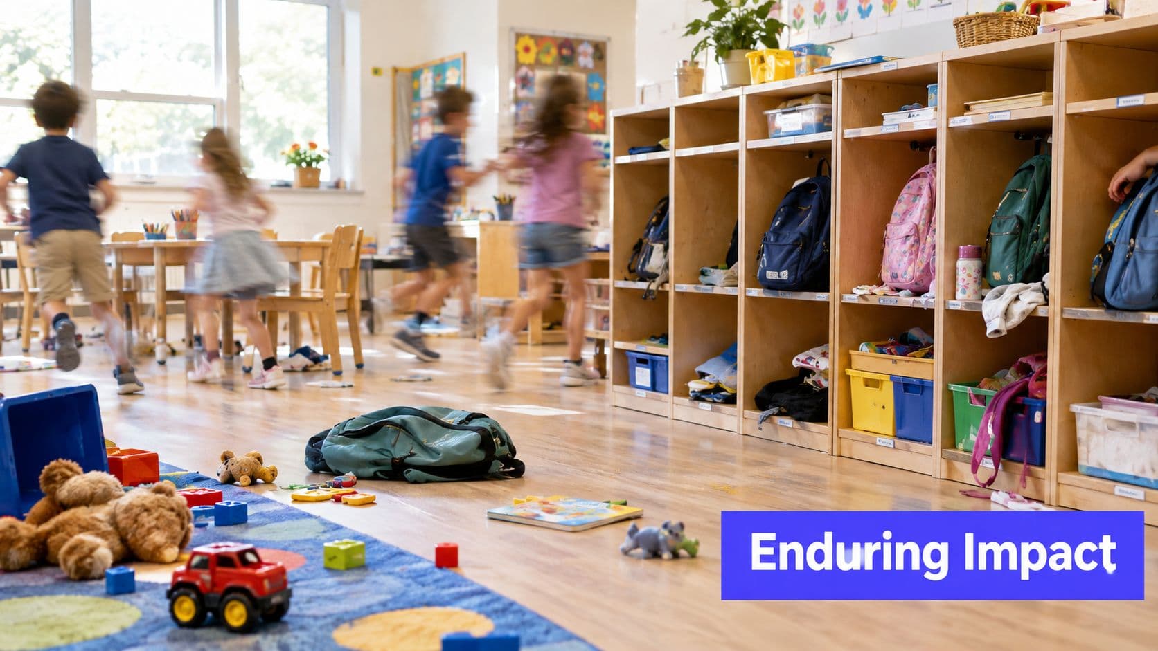 Motion blurred children playing in a brightly lit kindergarten classroom with school supplies scattered on the floor.