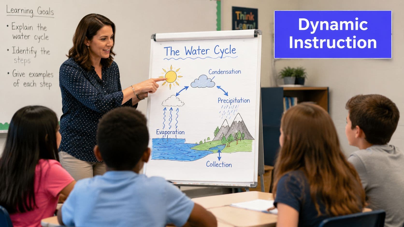 A teacher pointing at a water cycle diagram on a whiteboard to a classroom of students.