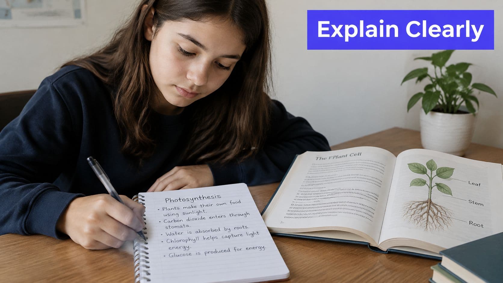 A young girl studying at a wooden desk, writing notes about photosynthesis in her notebook.