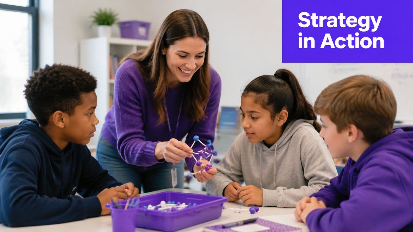 A teacher in a purple sweater helping three diverse students build a molecular model in a classroom.