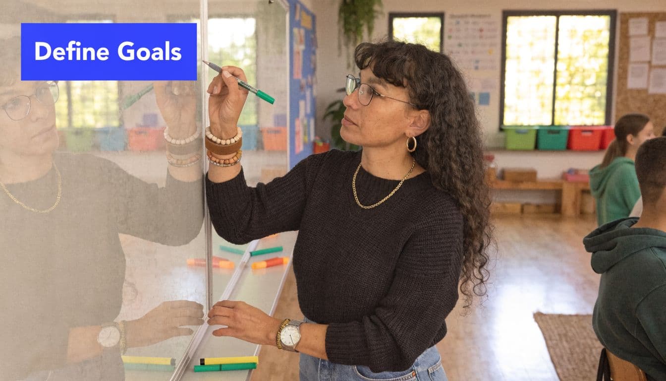 A female teacher wearing glasses writes on a whiteboard in a bright, modern classroom setting.