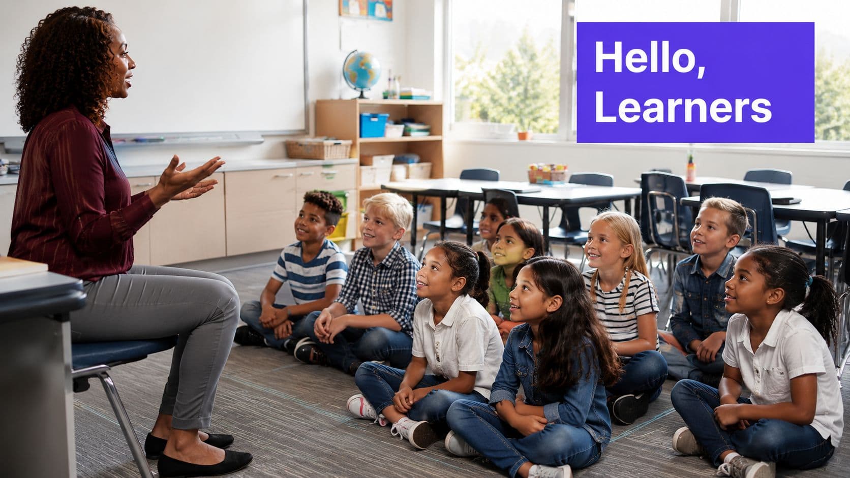 A teacher engaging with a diverse group of young elementary students sitting on the classroom floor.