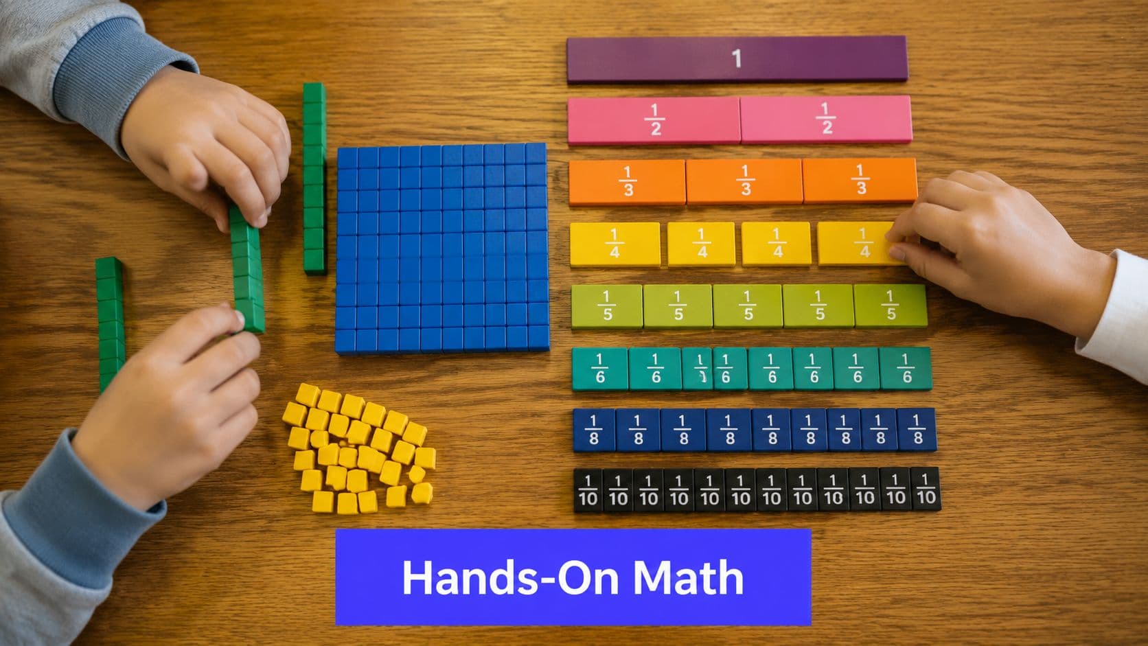 Children using colorful fraction tiles and base ten blocks to learn math concepts on a wooden table.