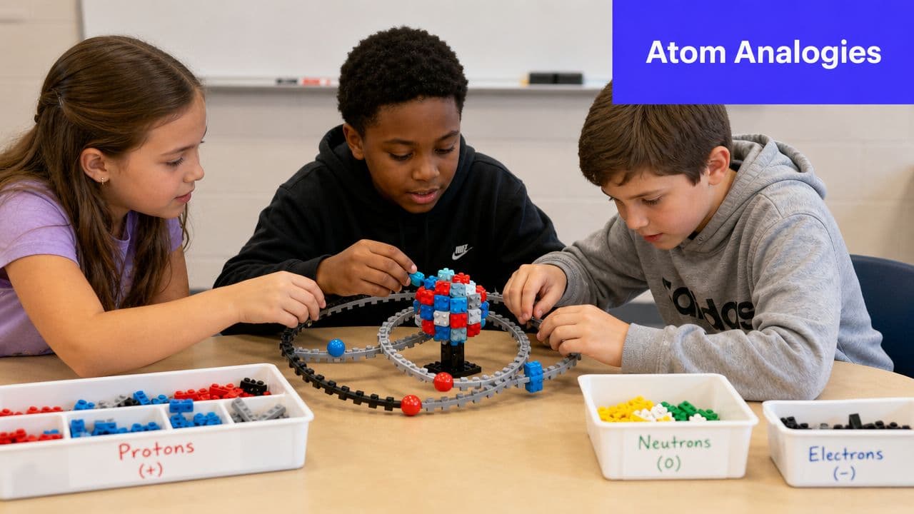 Three students work together building a model of an atom using colorful construction blocks in a classroom.