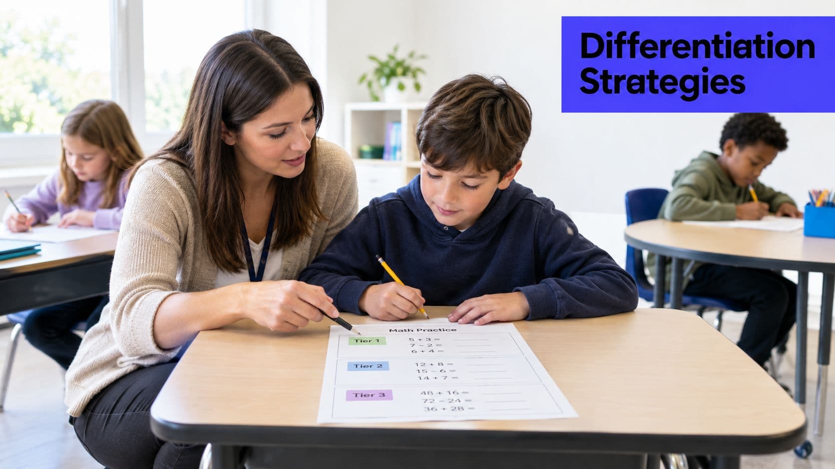 A teacher assisting a young student with his math worksheet in a classroom setting.