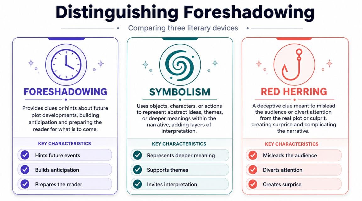 A visual guide comparing literary devices: foreshadowing, symbolism, and red herring, with their definitions and key characteristics.