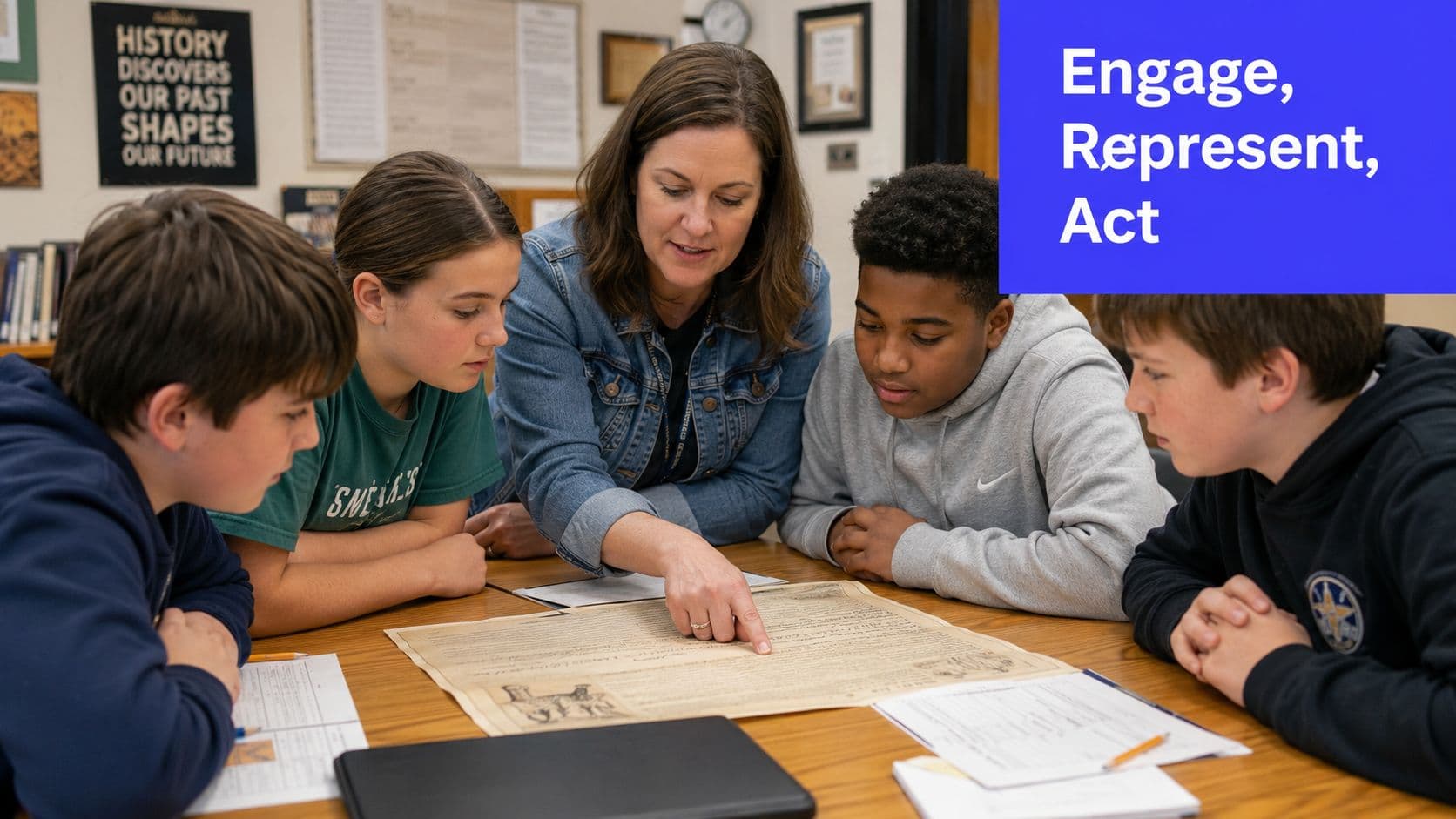 A teacher guides a small diverse group of students examining a historic document in a classroom.